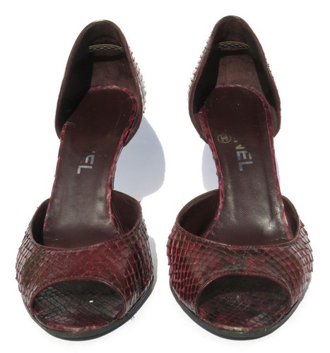 CHANEL Burgundy Plum Snakeskin Leather Peep Toe d'Orsay CC Pumps Heels IT 38.5 - Picture 2 of 12