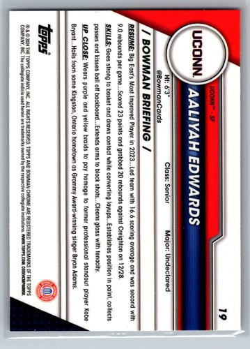 Aaliyah Edwards Base UCONN 2023-24 Bowman University Chrome Basketball - Picture 2 of 2