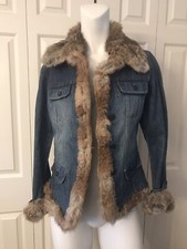 Mojo Moda Denim Rabbit Fur Trim Jacket. Sz S Hardly Worn Cuff Removable