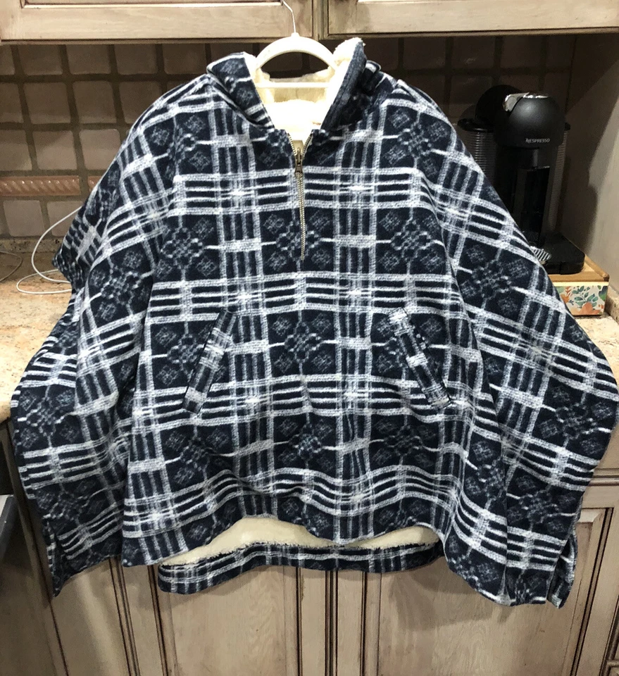 Free People Miss You Poncho Hood Faux Fur Line Slouchy Plaid Blue White M/L NWT - Image 4 of 4
