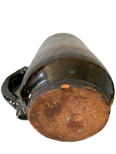 Antique Redware Mug Tankard Figural Handle Brown Feathered Glaze - Picture 7 of 8