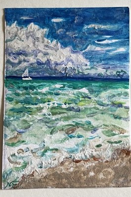 ACEO Signed Original Acrylic Art Mini Painting  Sailing  1 of 3