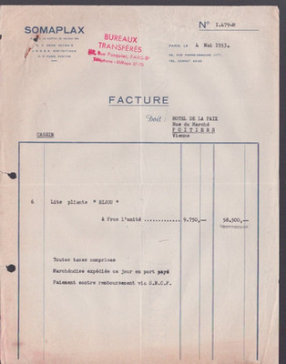 PARIS (XVII° / VIII°) BETTWÄSCHE / KLAPPBETTEN ''SOMAPLAX / CASSIN'' Rechnung 1953