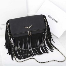 Zadig Voltaire Black Leather Fringe Bag Dual Zip Chain Crossbody 27x15cm