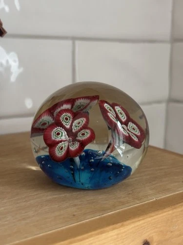 Vintage Millefiori Art Glass Paperweight Floral Red Blue Murano Style 2.25”