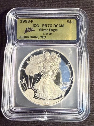 1993P PROOF SILVER EAGLE ICG PR70 DCAM AUSTIN HUTTO SIGNED GOLD LABEL 1 Of 99