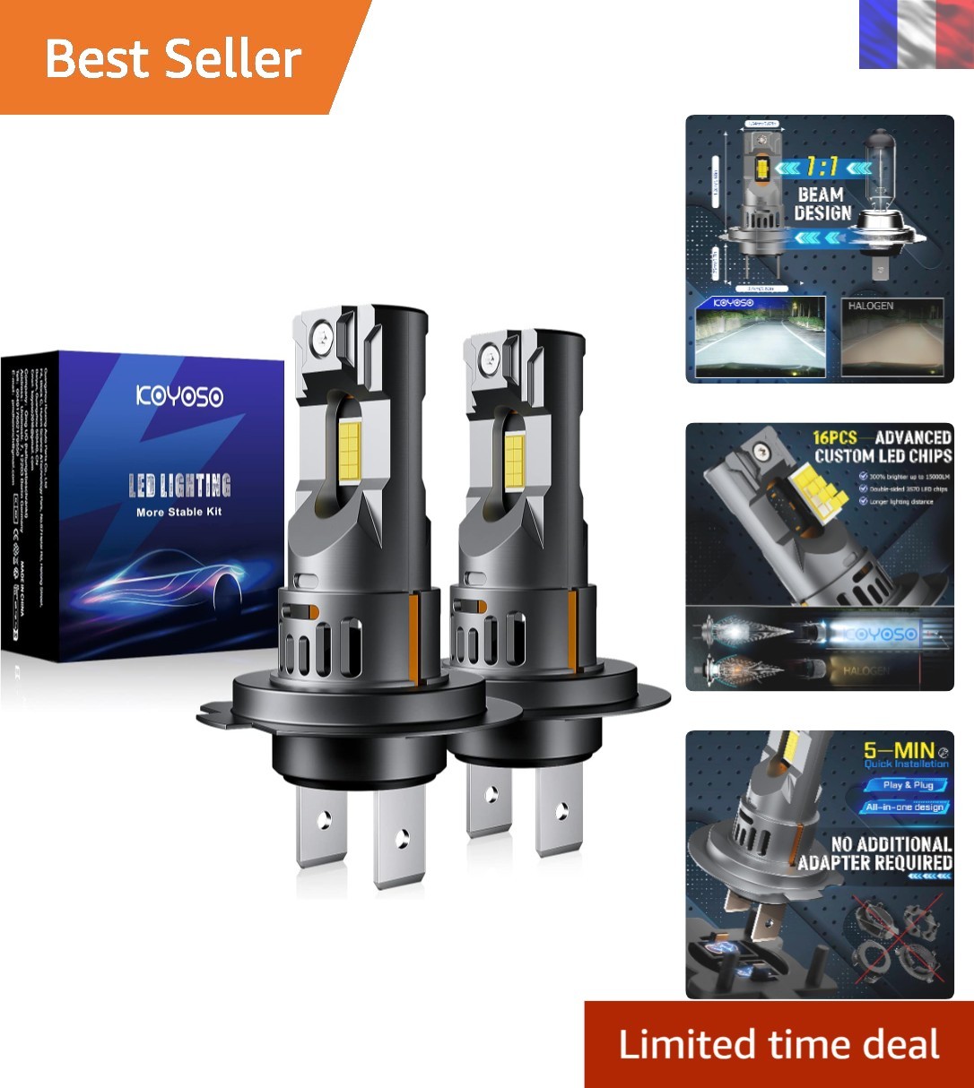 Ampoules H7 LED Koyoso 30000LM éclairage voiture blanc 6000K longue portée pour conduite de nuit
