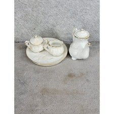 Vintage Miniature Porcelain Tea Set White Gold Rose Embossed 5 Piece with Tray
