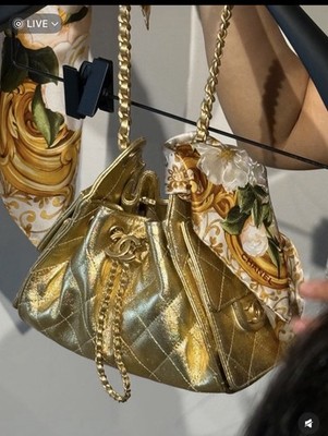 New 26C CHANEL Gold Metallic Leather Mini Hobo Tote 25 Bag Antique