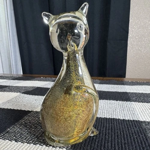 Vintage Italian Murano Art Glass Black Gold Copper Flecked Cat 6” Figurine MCM