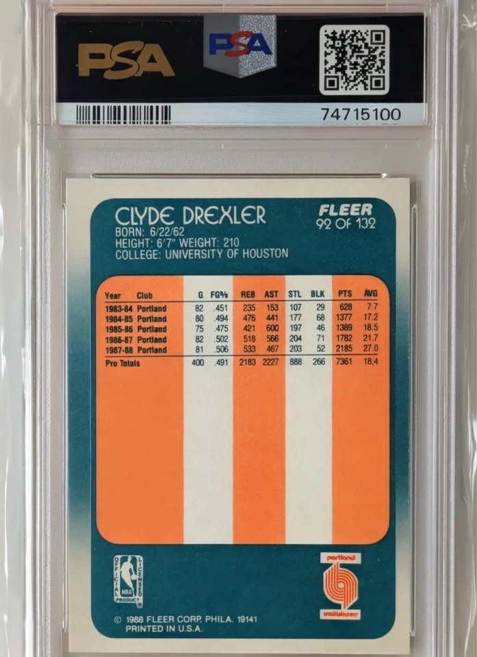 1988-89 Fleer баскетбол - Клайд Дрекслер #92 PSA NM-Mt 8 - Изображение 2 из 2