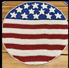 Patriotic Beaded Placemat American Flag July 4th STARS  STRIPES 14" Round NWT