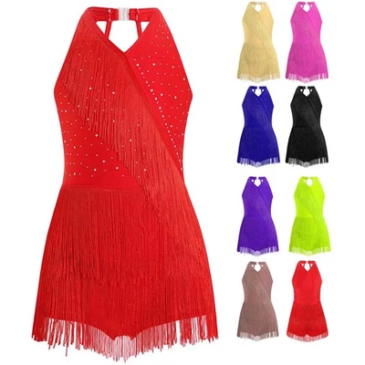 Girls Latin Jazz Dance Dress Fringe Sparkly Tassel Skirts Salsa Ballroom Leotard