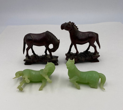 Vintage Lot of 4 Chinese Carved Small Horse Figurines As Is 2 Wood 2 Jade