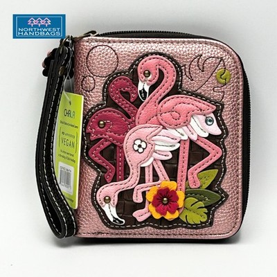 FLAMINGO GROUP BIRD ZIP AROUND WALLET WRISTLET GLITTER PINK CHALA