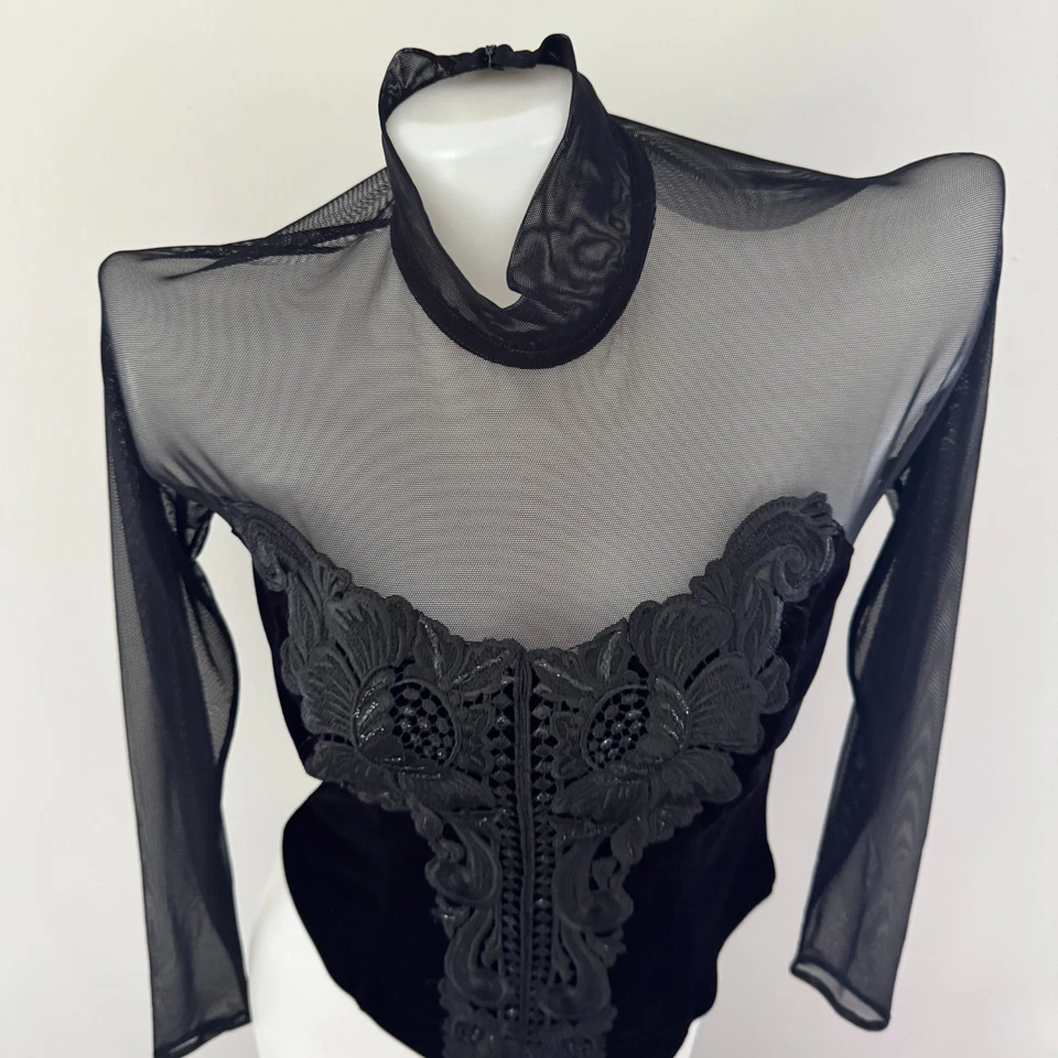 90s vtg CACHE Mall Goth Fishnet VELVET Burnout Beaded Whimsigoth Corset Top S - Image 3 of 4