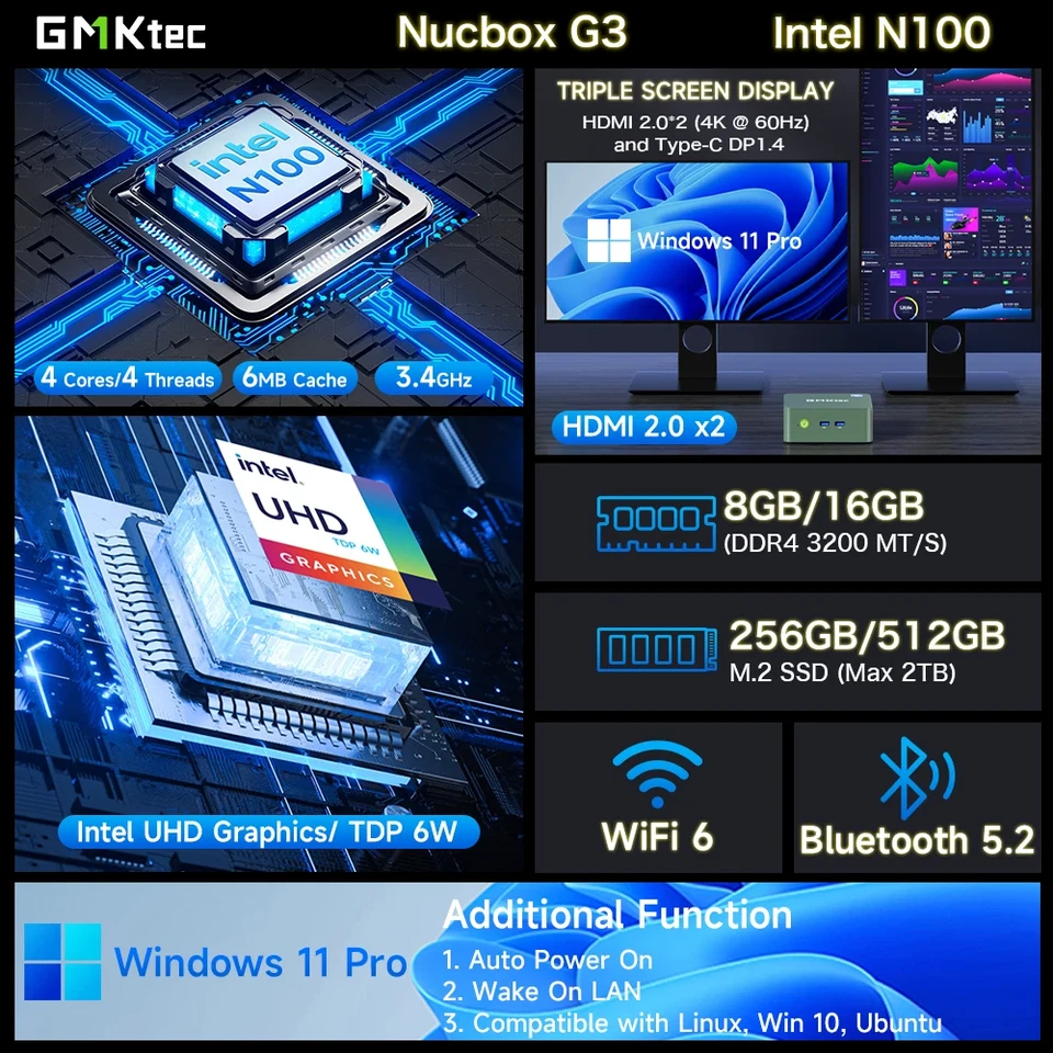 Mini PC desktop G3 Intel N100 Win11 Pro 8/16GB RAM 256/512GB SSD WiFi6 BT5.2 - Imagen 2 de 4