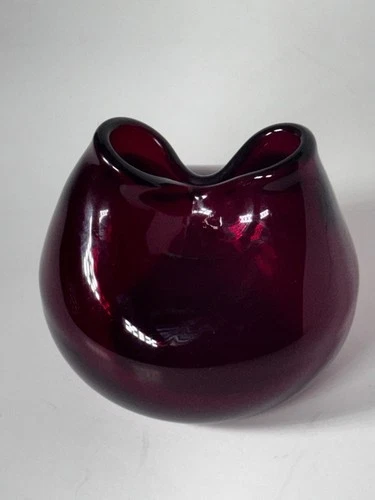 Blenko Ruby Red Glass Pinched Top Vase 3” Tall Vintage MCM Hand Blown