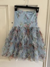 Lulus Blue Floral Strapless Sweetheart Mini Dress XS Tulle Ruffle Lined Zip