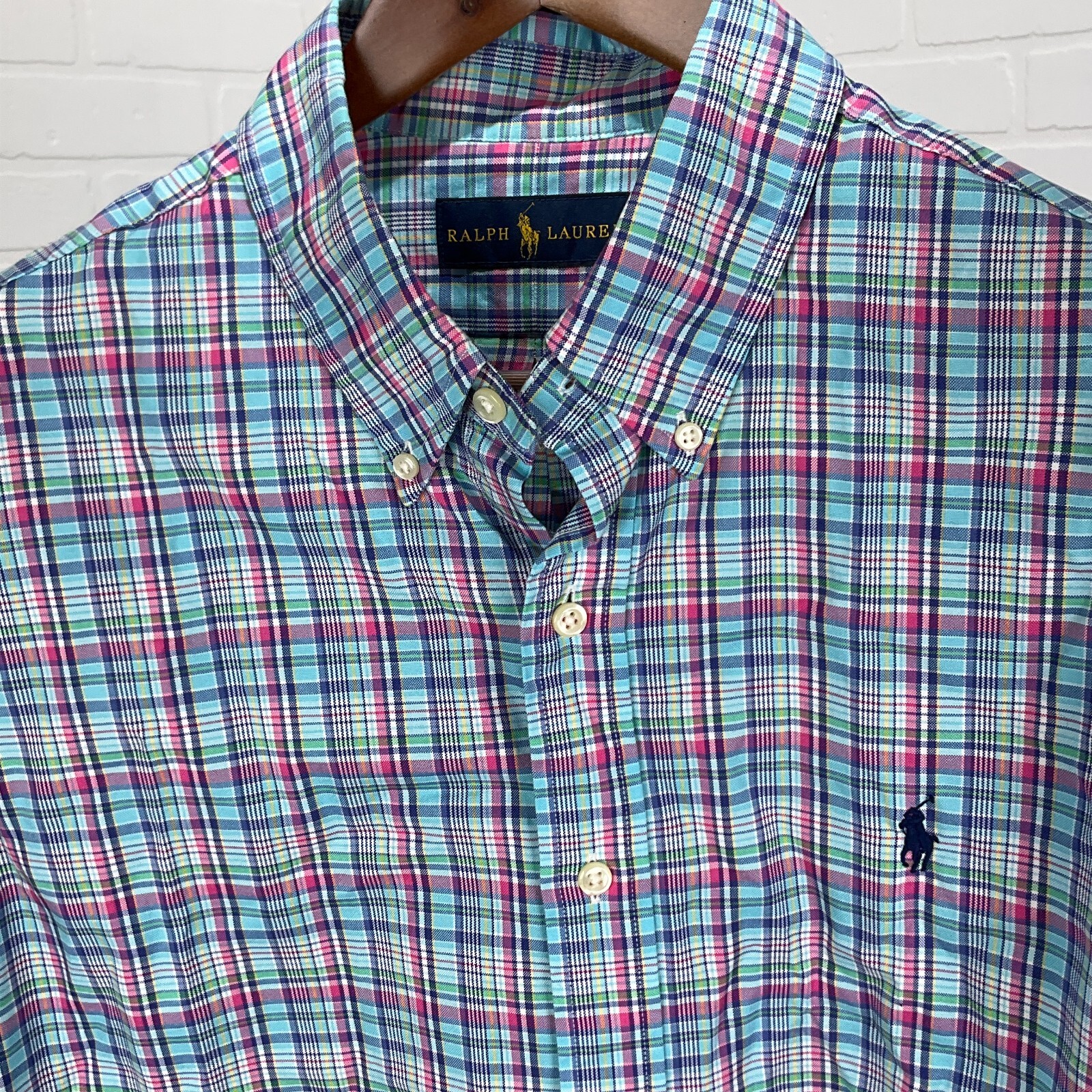 Ralph Lauren Camicia Uomo Grande Blu Rosa Verde Plaid Pastello Pony Preppy Classica