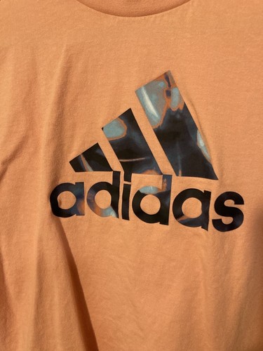 Adidas Top Shirt Womens Extra Small Peach Blue Spell Out Logo Short Sleeve - Picture 2 of 9