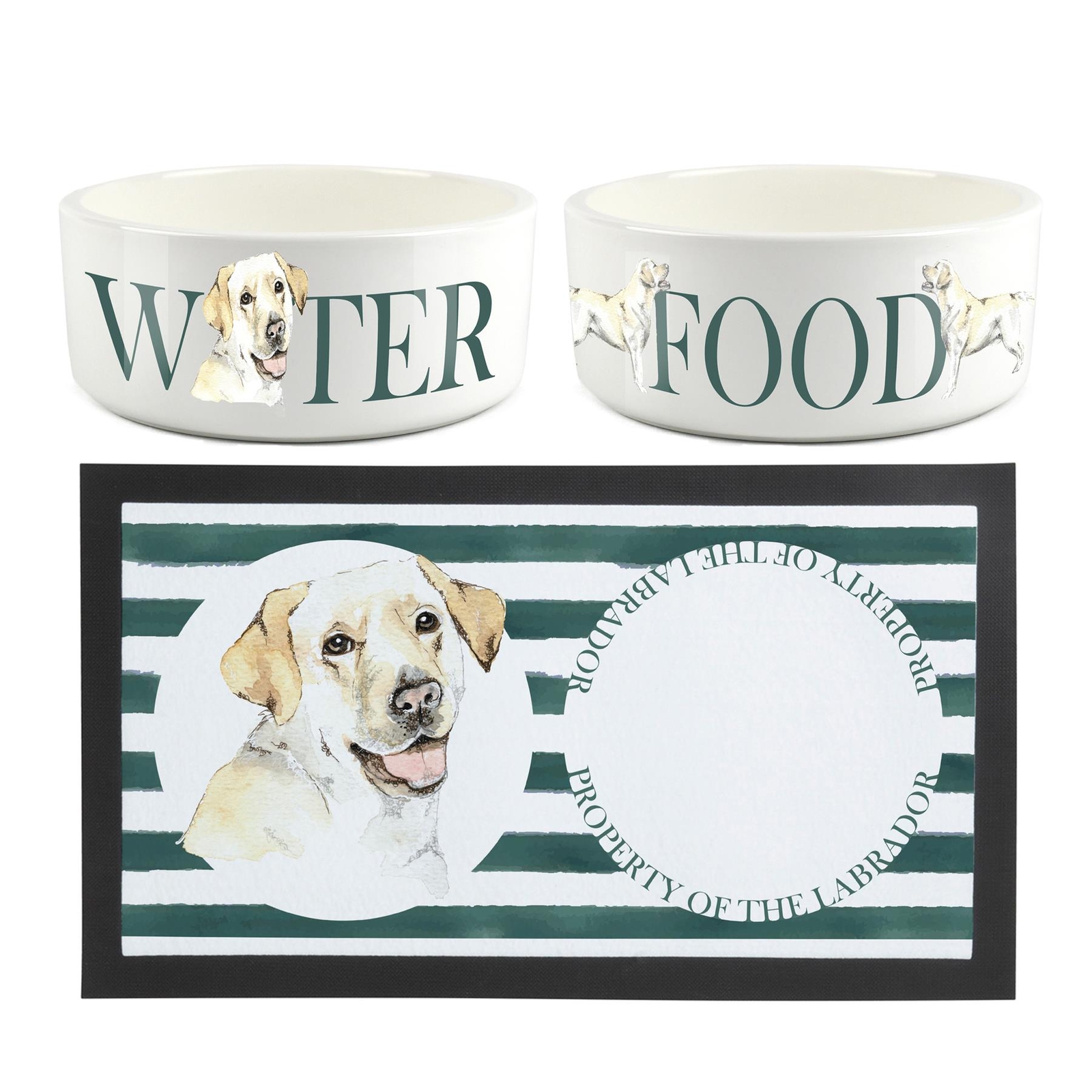 Labrador Dog Bowls & Mat Set - Large White Ceramic Food/Water Dish Gift
