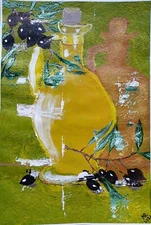 Olive Oil Bottle – 17x12 Original Painting, Naive Folk Art, Bold Still Life