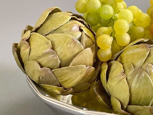 Faux Artichokes and Grapes in Pewter Fleur de Lis Oval Dish / Artificial Articho - Picture 3 of 9