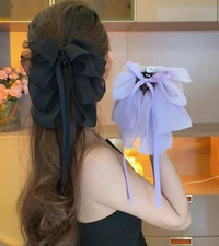 Women Girl Retro Elegant Chiffon Lace Big Bow Hair Clip Tie Claw Clamp Pin