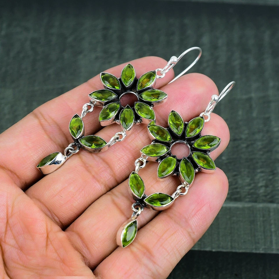 Peridot Gemstone Drop/Dangle Green Earrings 925 Sterling Silver Jewelry 3.03" - Image 3 of 4