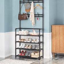 Coat and Hat Stand 8 Hooks Metal Shoe Rack 3/4/5 Tiers Shelf Hanger Black/White