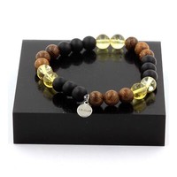 Armband Perlen Citrin + Schwarz Onyx Matt + Holz 8 Mm. Made In Frankreich