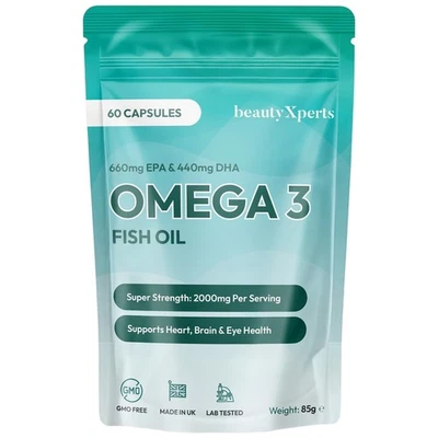 BEAUTYXPERTS Omega 3 Fish Oil - 2000mg - DHA & EPA - 60 Softgels (Not Tablets, Capsules)