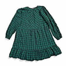 Marks & Spencer Green Navy Check Tiered Cotton Knee Length Smock Dress UK 20 Reg