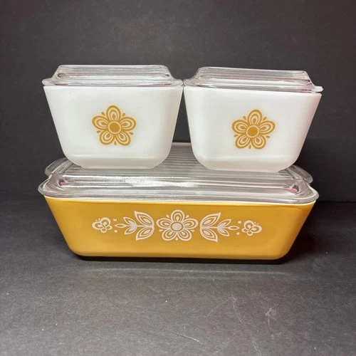 Vintage Pyrex Butterfly Gold 6 Pc Refrigerator Dish Set, Excellent Condition