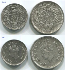 India Half Rupee 1945 AU + One Rupee 1944 XF. Two silver coins. C025