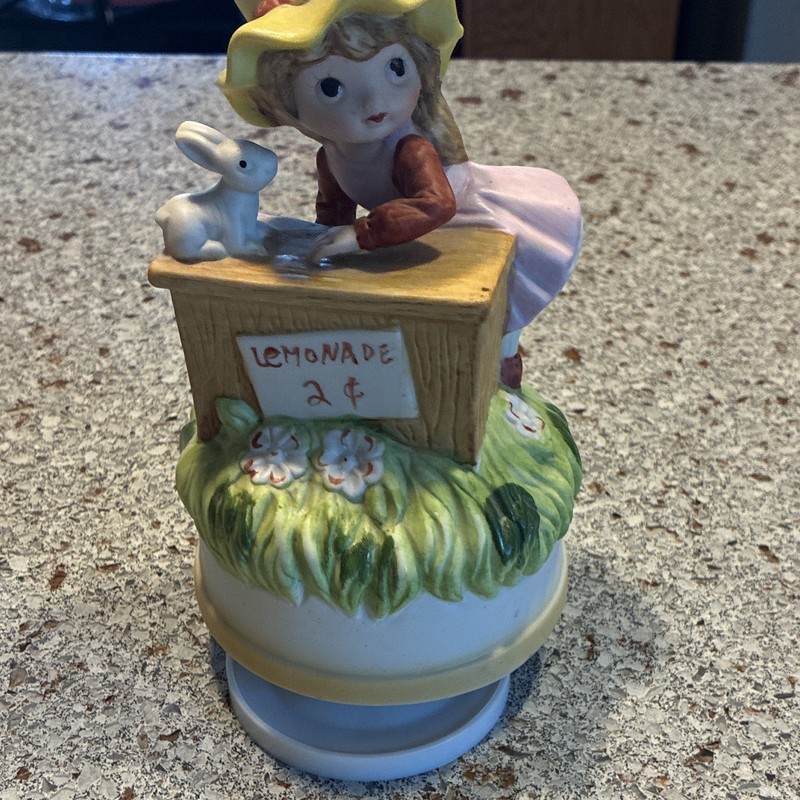 Hand Painted Ceramic Girl & Bunny Lemonade Stand Multicolor Figurine Music Box