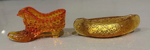 FENTON VINTAGE PAIR~ SLIPPER SHOE HOBNAIL CAT HEAD & Canoe 6 " long, Collectors!