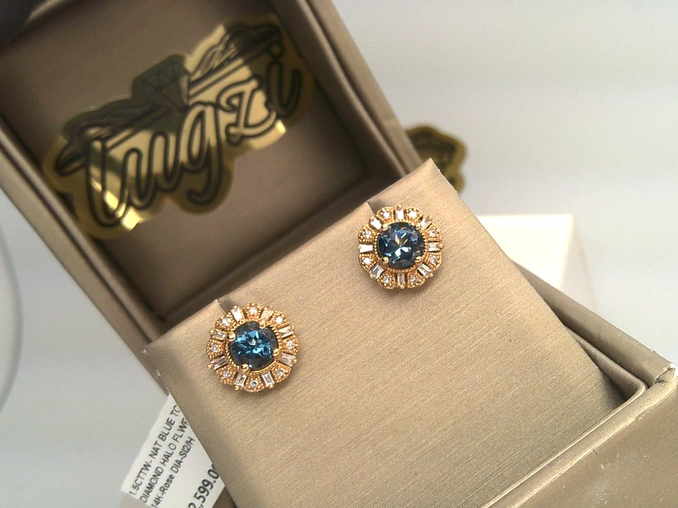 14K ROSE GOLD ⭐ $2600 GENUINE London BLUE TOPAZ & NATURAL DIAMOND Earrings STUDS - Image 2 of 4