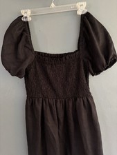 J. Crew Mini Dress Womens Black Linen Puff Sleeve Smocked Pockets size small