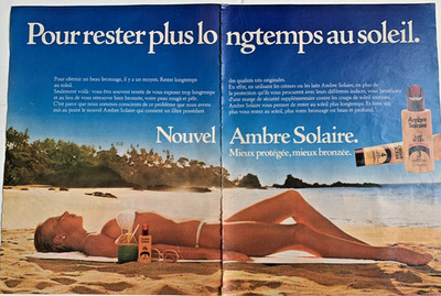 Garnier Ambre Solaire Sun Tan Lotion 1979 French Print Ad 9''x12''ea 2 Pages