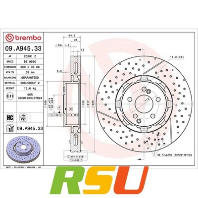 2x Brembo Bremsscheibe PRIME LINE - Dual Cast 09.A945.33 Höhe 64,5 mm