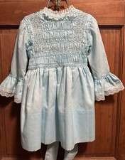 Vintage Polly Flinders Hand Smocked Dress - Size 5 - Light Blue - Flared Sleeves