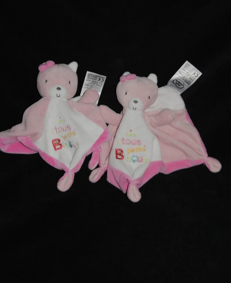 Lot 2 🍀Doudou Plat Ours Rose Blanc MOTS D'ENFANTS Des Tous Petits Bisous Chat - Photo 2/4