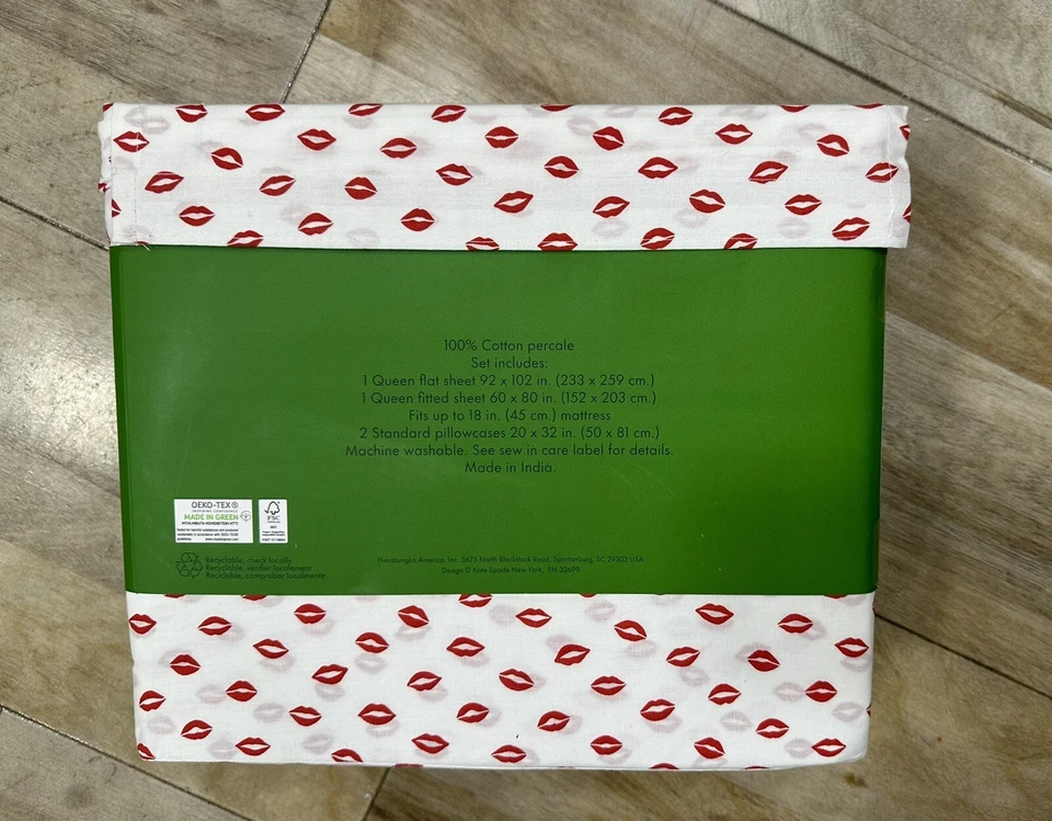 Juego de Sábanas Kate Spade Queen Algodón - ROJO Labios Sobre Blanco Sábanas Reina San Valentín Foto 3 de 4
