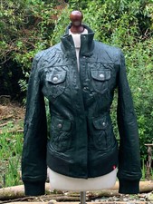 Edc By Esprit Women's Green Leather Zip Bomber Jacket Size S