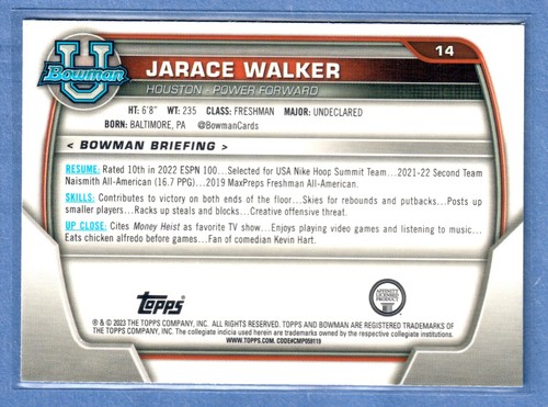 2022-23 Bowman University Cromo Jarace Walker 1er Bowman Rosa Refractor SP - Imagen 2 de 2