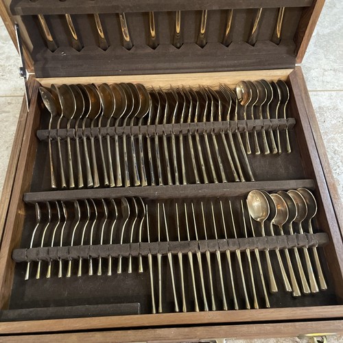Beautiful Vintage Thai Brass Flatware & Teak 144 Piece / Set For 12 / Full Case - Picture 2 of 9