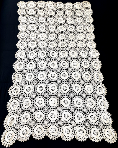 VTG '40s Handmade Crochet Lace Cotton Ecru Tablecloth 53"x30" Scallop Rectangle