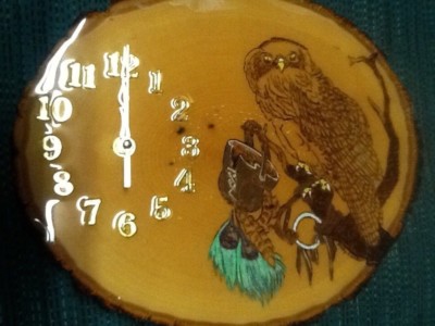 Pyrograph Beautiful wall clock wood burned and painted new  Hawlk Eagle 